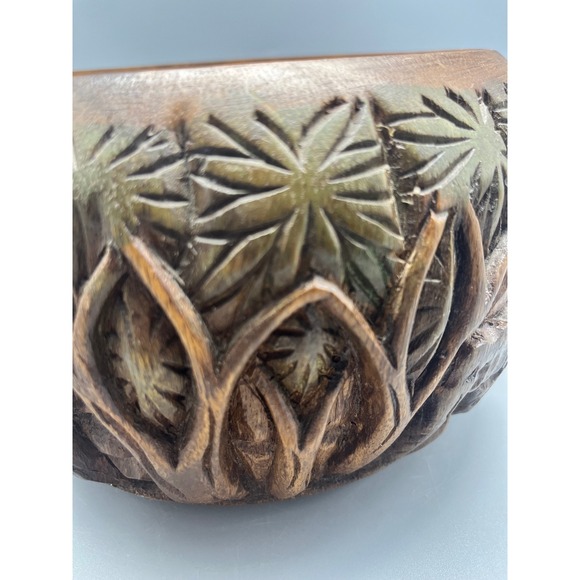 Vintage Hand Carved Wooden Bowl Elephants And Trees 3 D carving - Picture 8 of 8